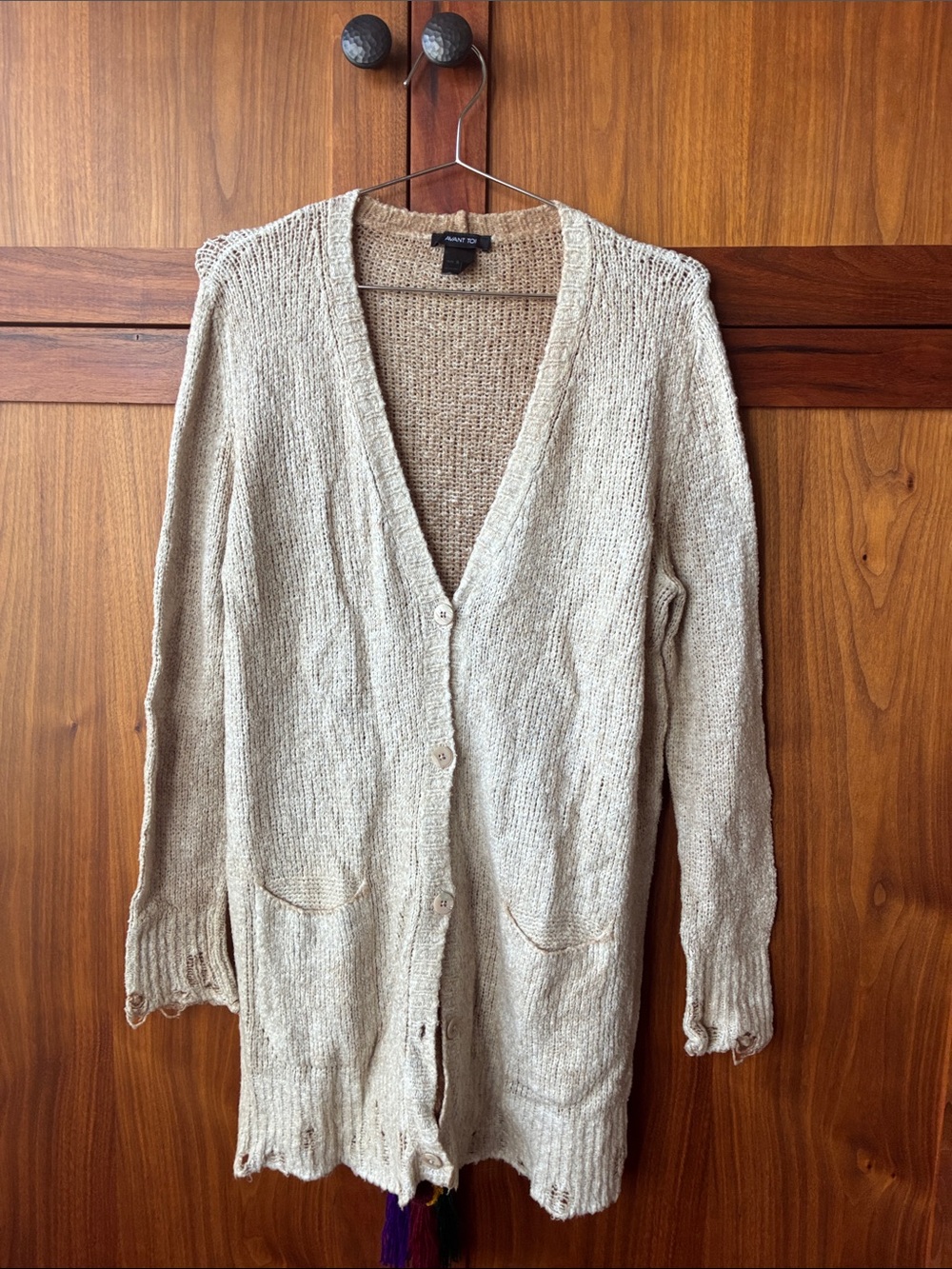 Avant Toi Cream Open-Front Distressed Knit Cardigan, beautiful condition